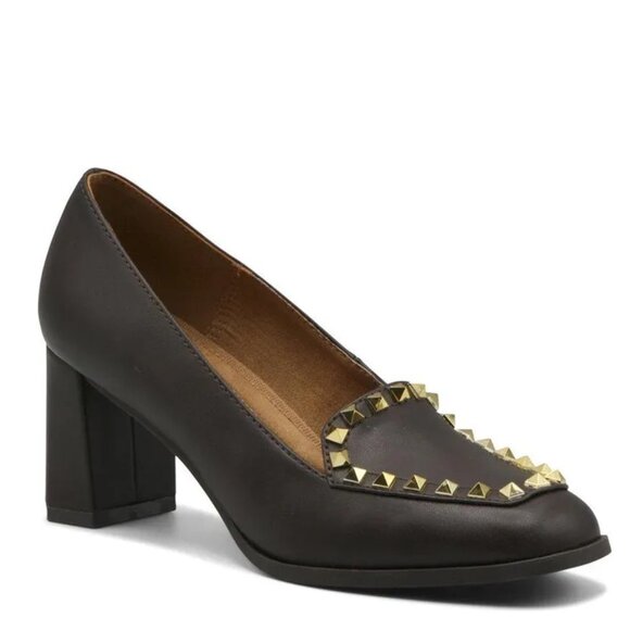 Adrienne Vittadini’s Vanter Y2K Studded Block Heel Pumps Java Size 7.5 & 8 NIB - Picture 2 of 9